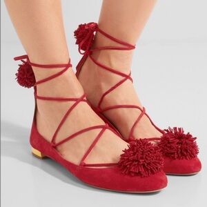 Aquazzura Red Flats with Pom Poms